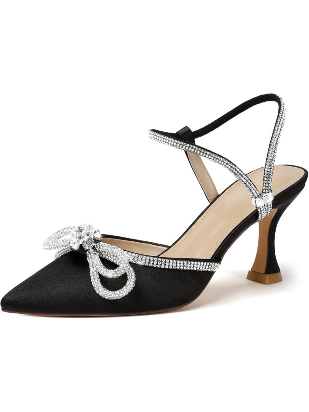 Women's Black Bow Closed Toe Rhinestone Low Slingback Shoes Kitten Heels